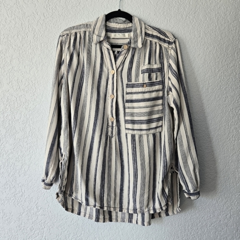 We The Free Free People Striped Linen Blend‎ Tunic Top Navy Cream Small OB852277
